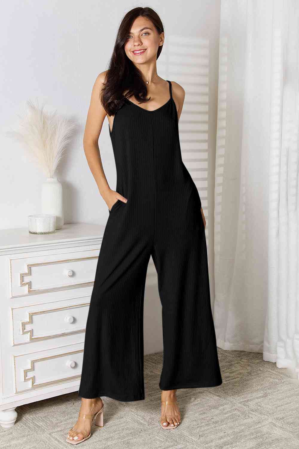 Basic Bae Full Size Spaghetti Strap V-Neck Jumpsuit-aritzao