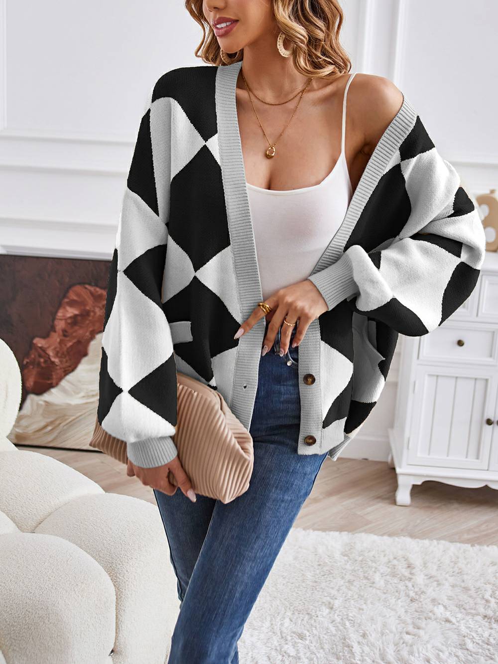 V-Neck Geometric Color Block Knit Cardigan-CALLISTARI