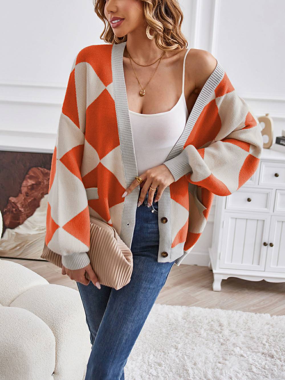 V-Neck Geometric Color Block Knit Cardigan-CALLISTARI