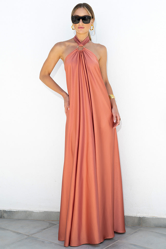 Satin  Elegant Maxi long Dress: Backless Halter Neck-CALLISTARI