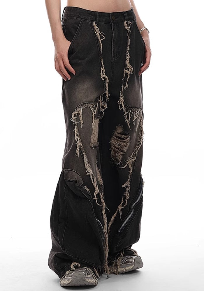 【VINMUK】Line damage full design dull black denim wide pants  VM0001-CALLISTARI