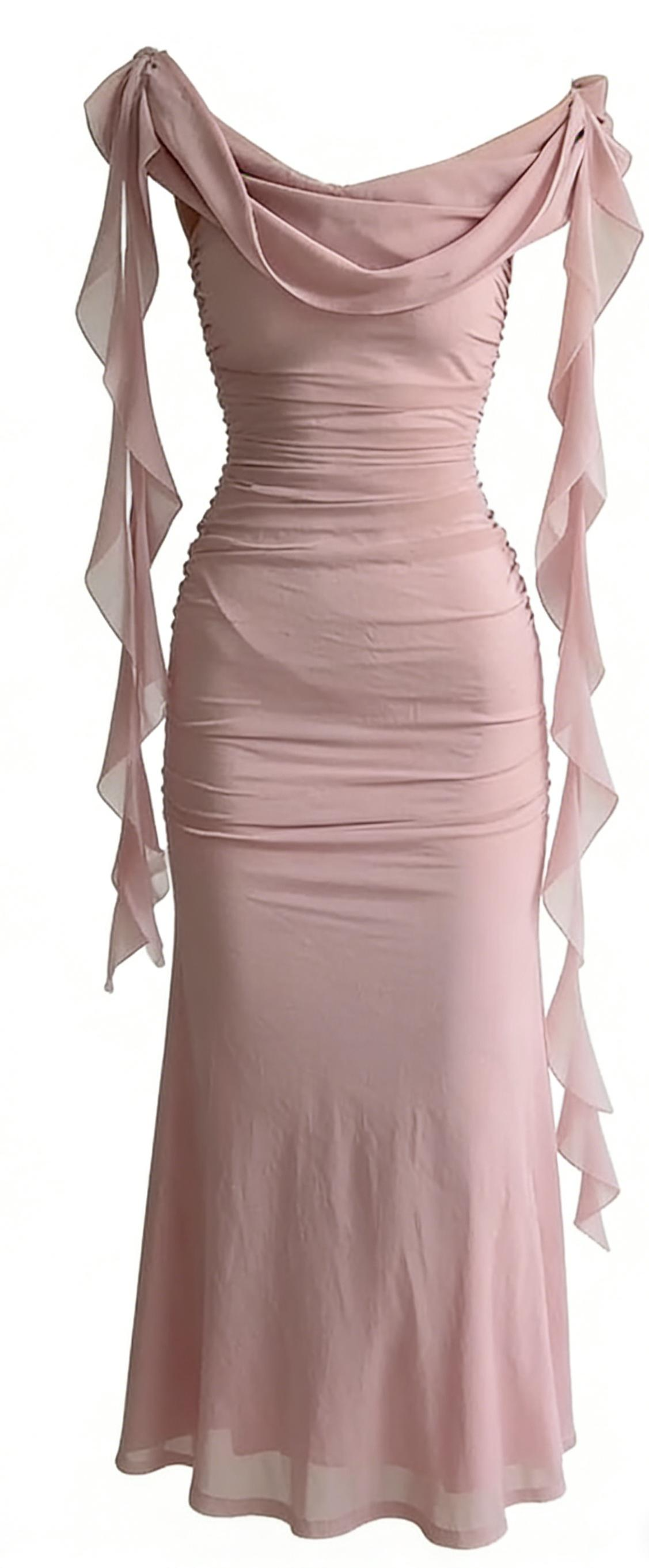 Light pink off-shoulder pleated mesh midi dress