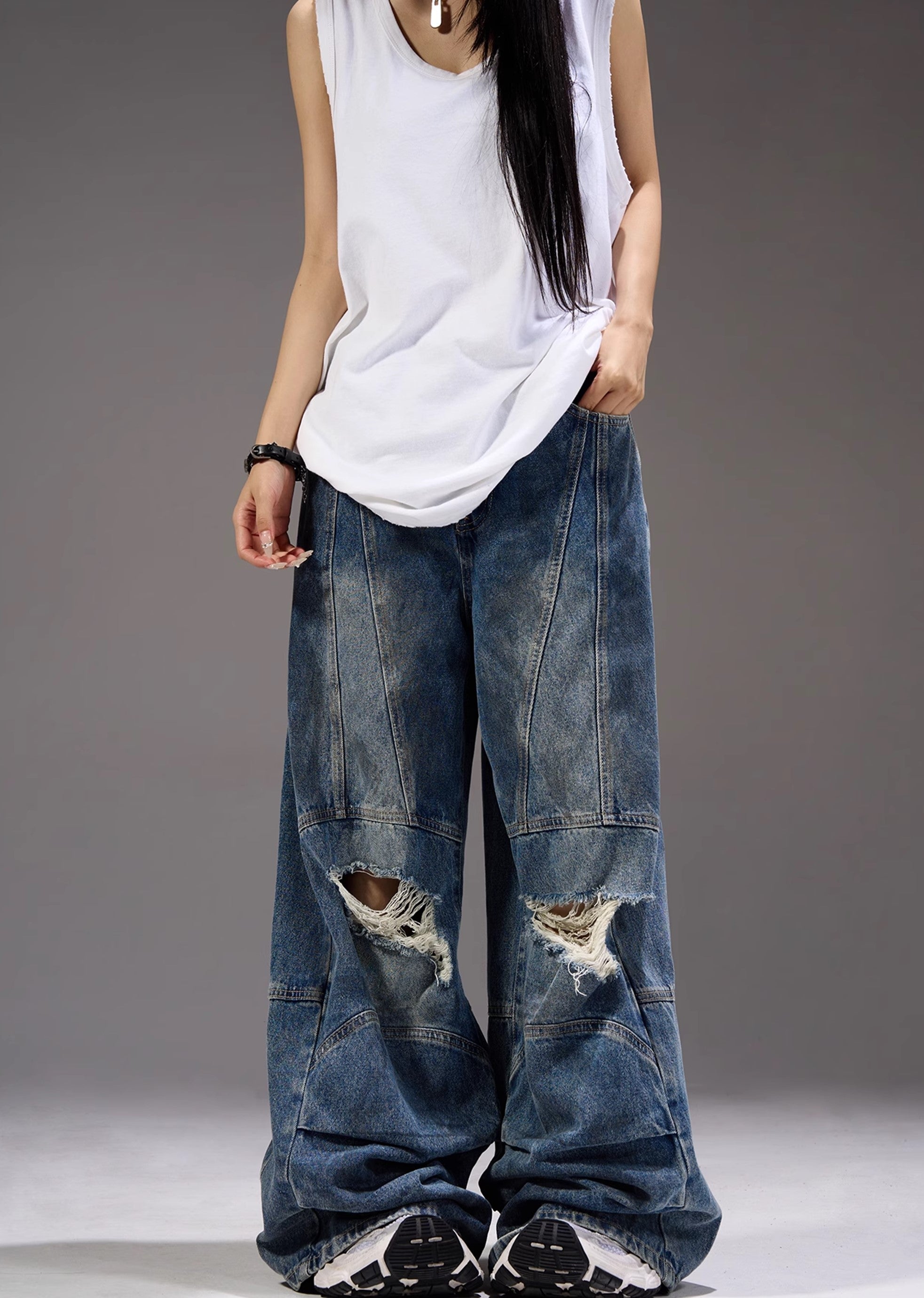 【MAXDSTR】Dull knee damage processing mid-light wide straight denim pants  MD0155-CALLISTARI
