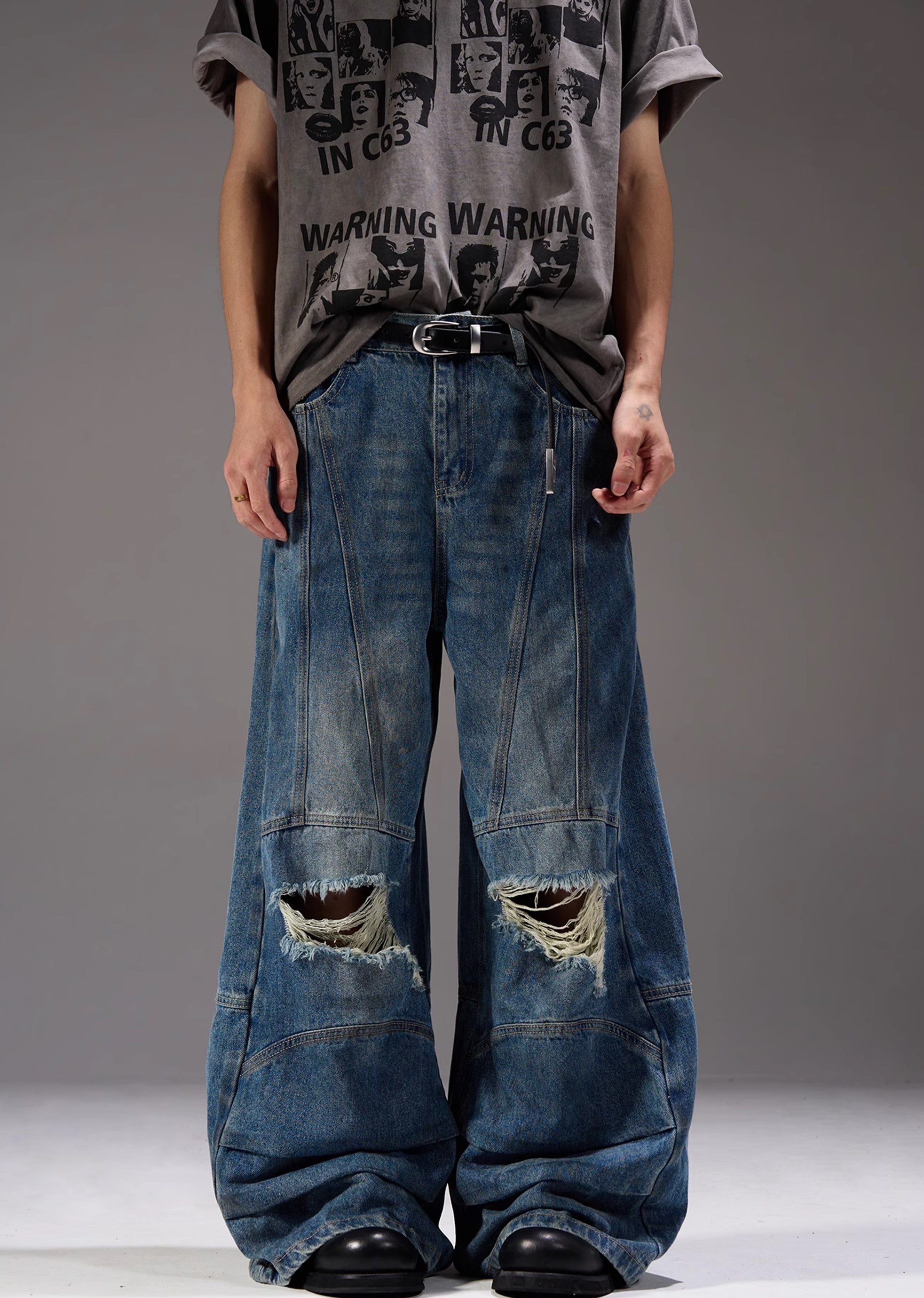 【MAXDSTR】Mid-length distressed dull blue wide denim pants  MD0160-CALLISTARI