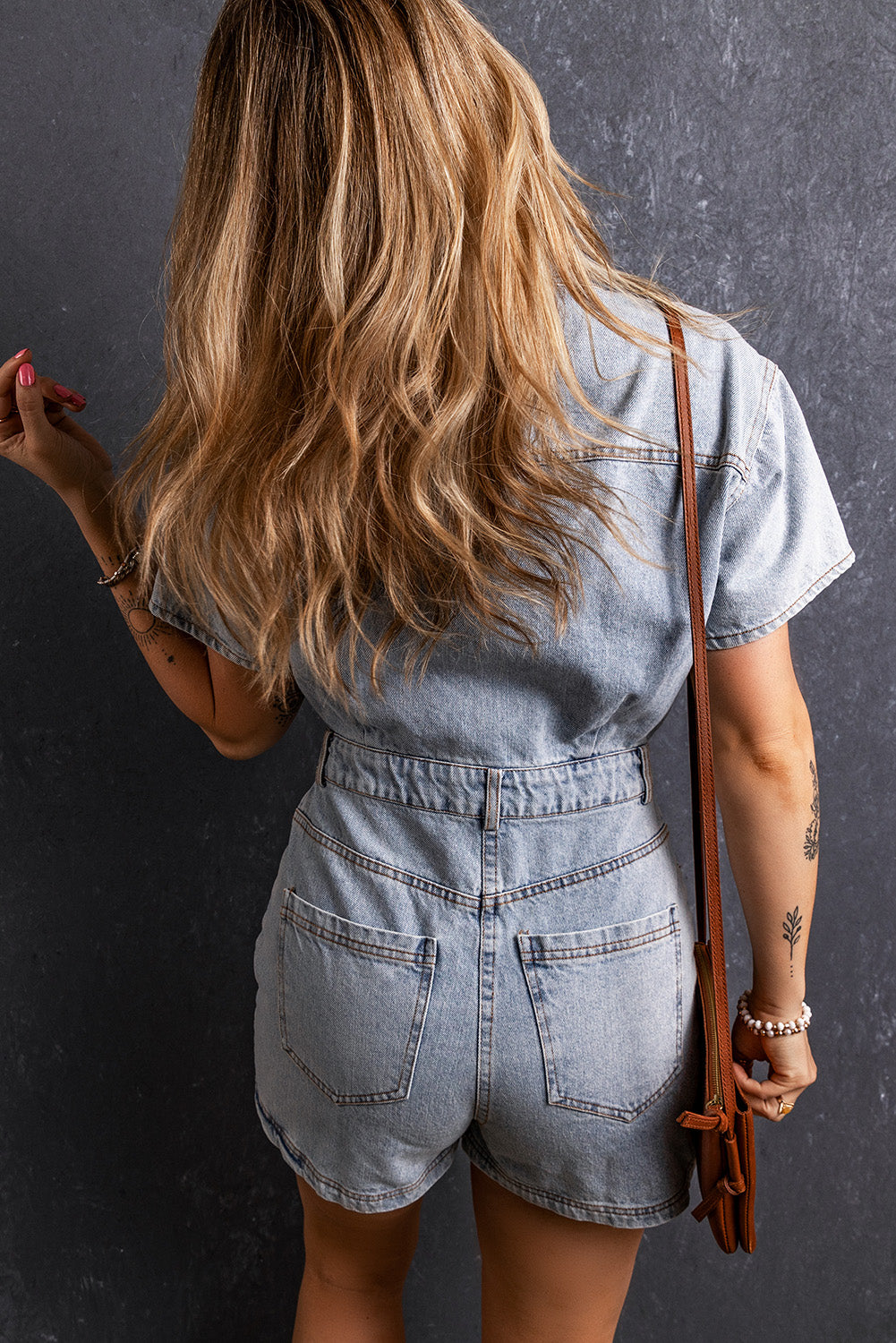 Collared Neck Short Sleeve Denim Romper-aritzao