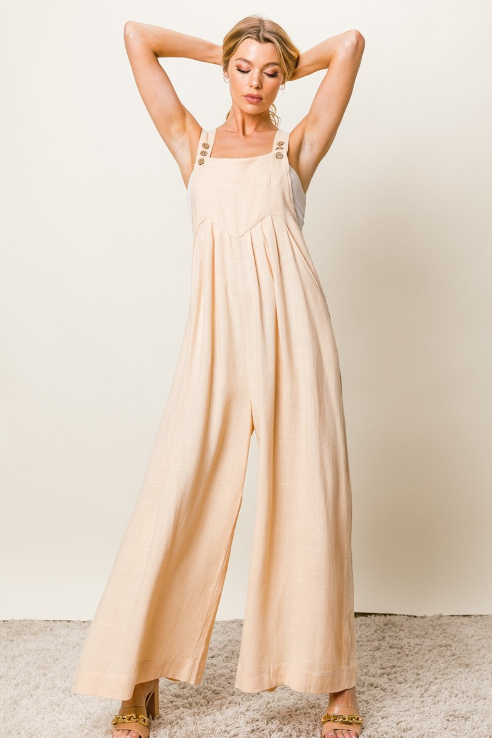 BiBi Texture Sleeveless Wide Leg Jumpsuit-aritzao