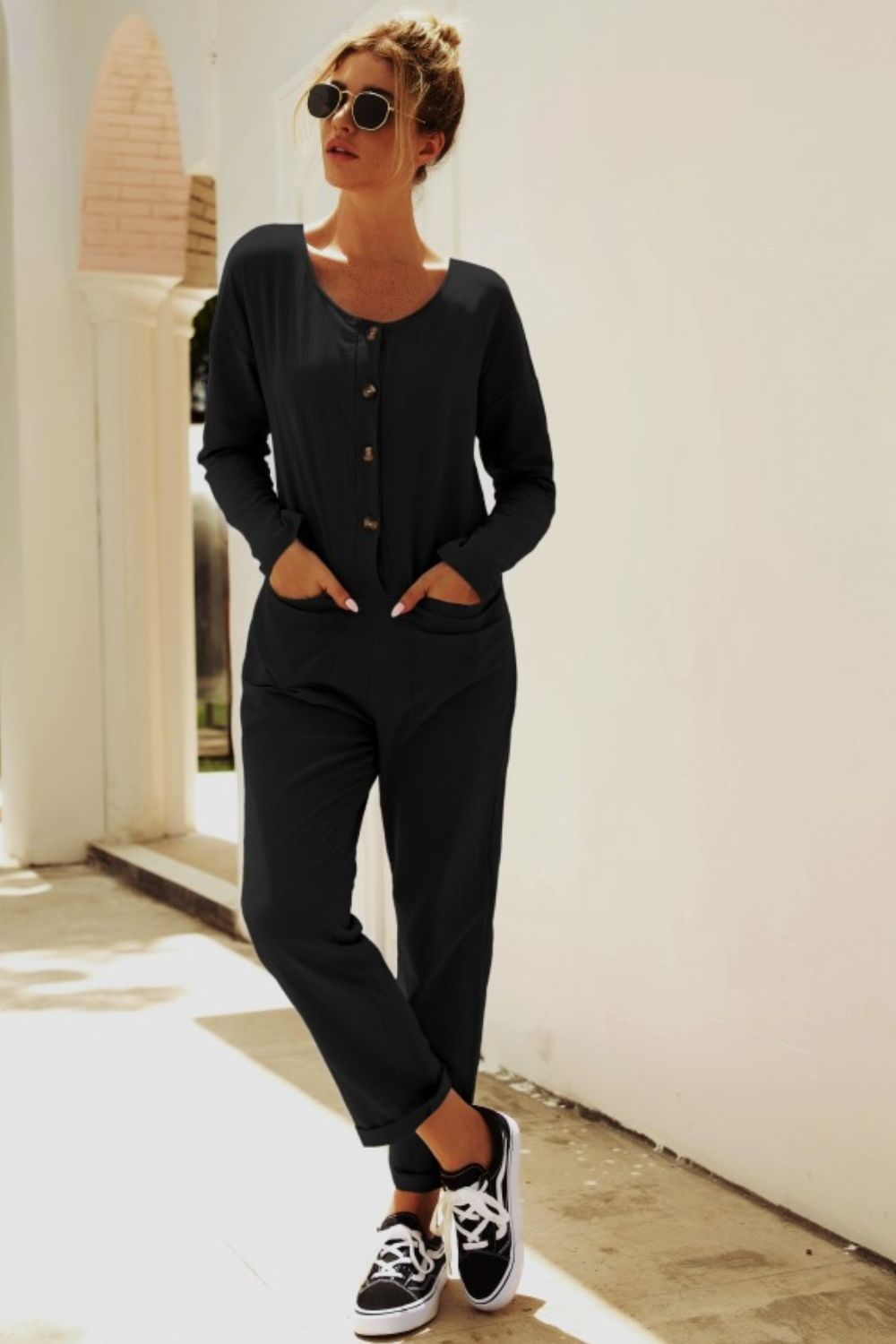 Buttoned Drop Shoulder Pocket Jumpsuit-aritzao