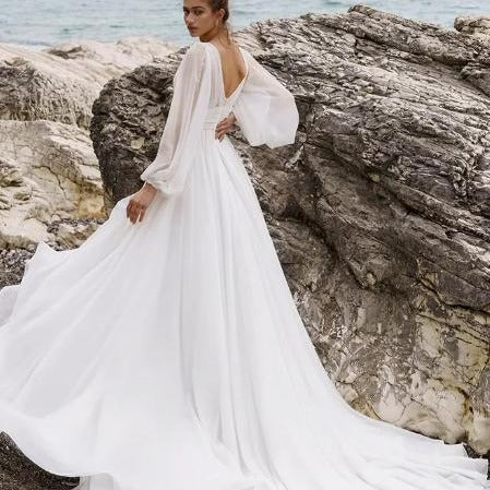 European And American High Waist Plus Size Deep V Long Sleeve Mopping Backless Wedding Dress High Slit-CALLISTARI
