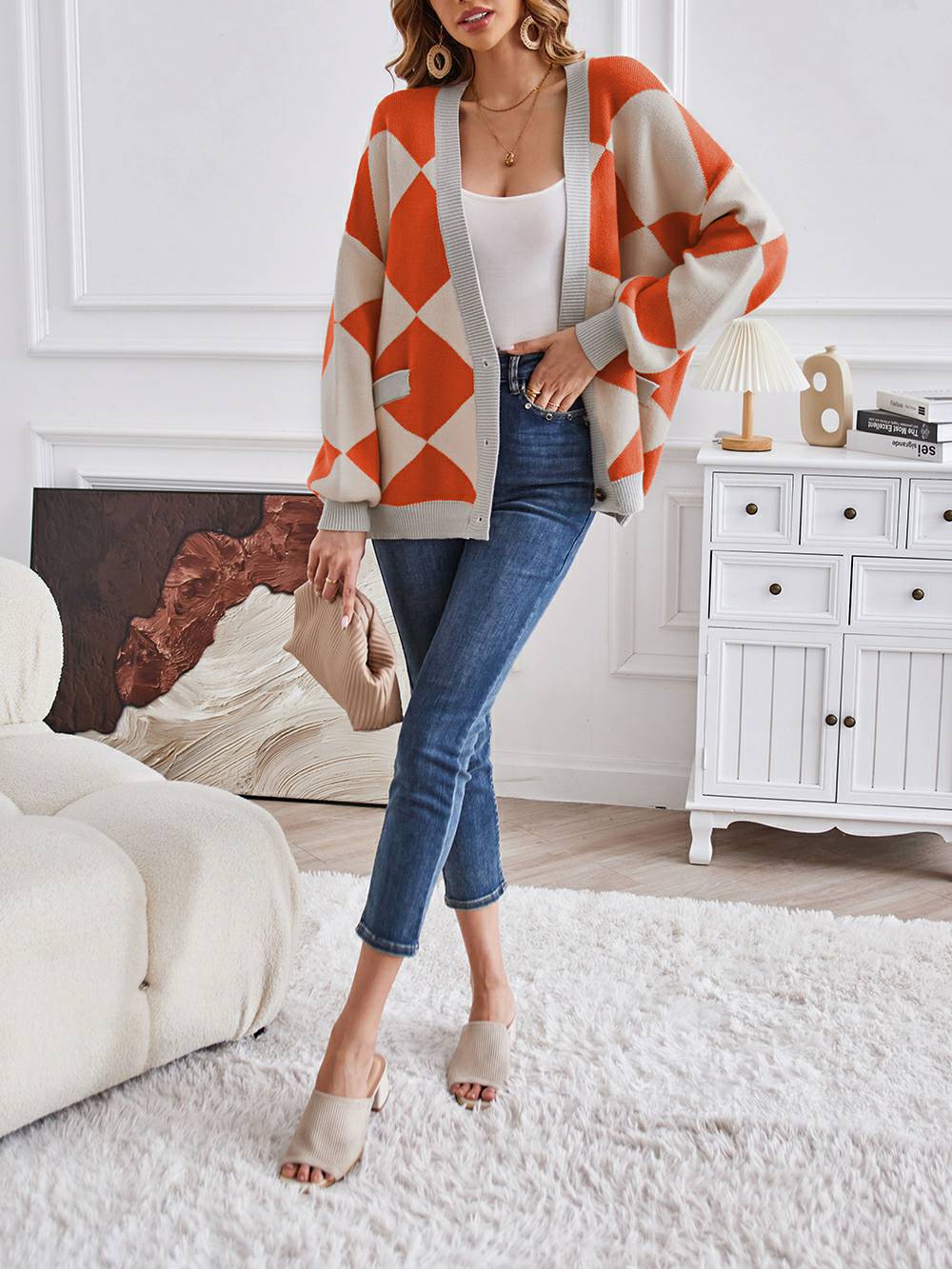 V-Neck Geometric Color Block Knit Cardigan-CALLISTARI