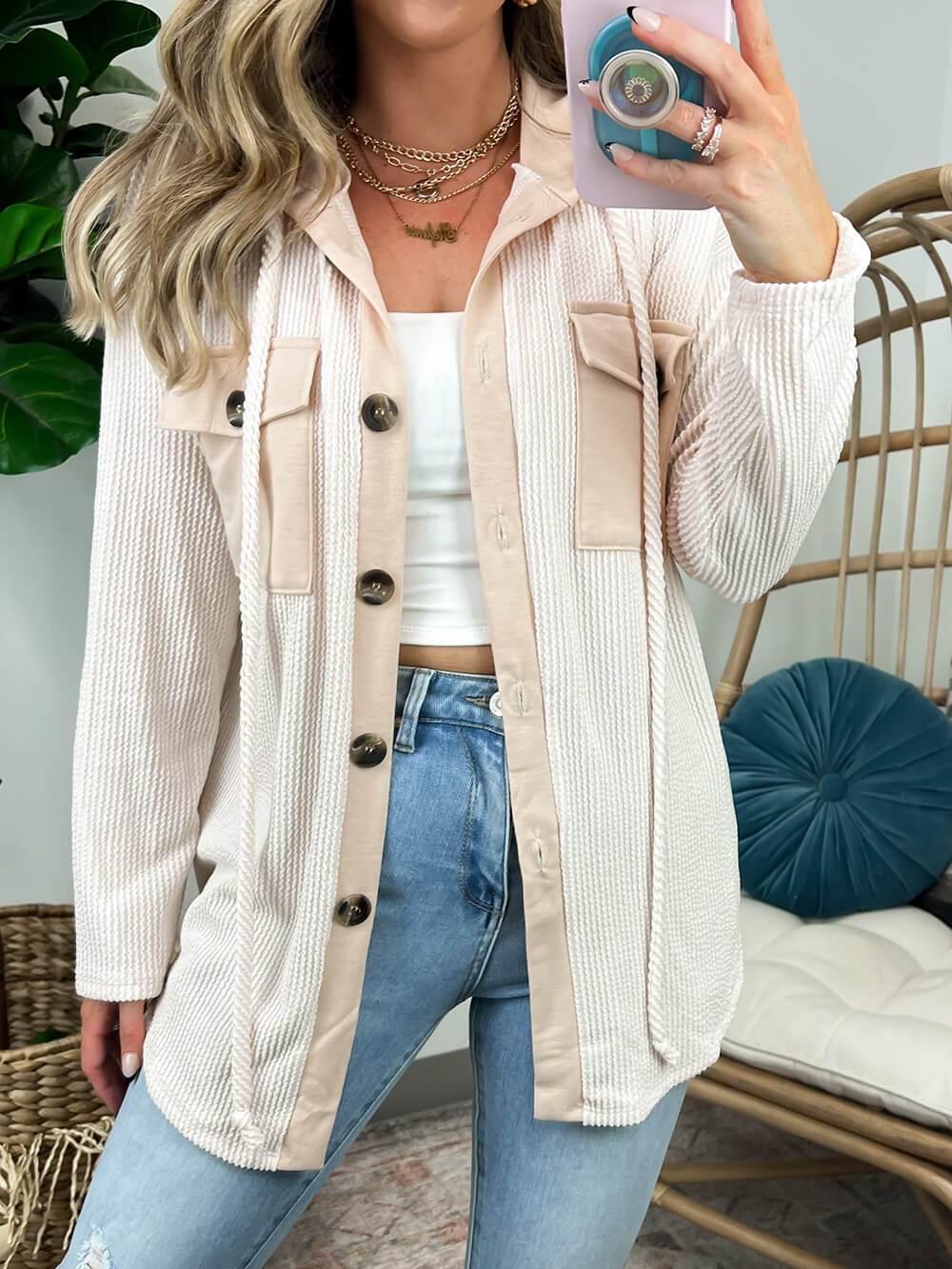 Saturday Satisfaction Ribbed Hooded Shacket-CALLISTARI