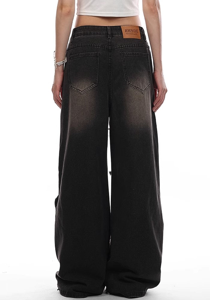 【VINMUK】Line damage full design dull black denim wide pants  VM0001-CALLISTARI