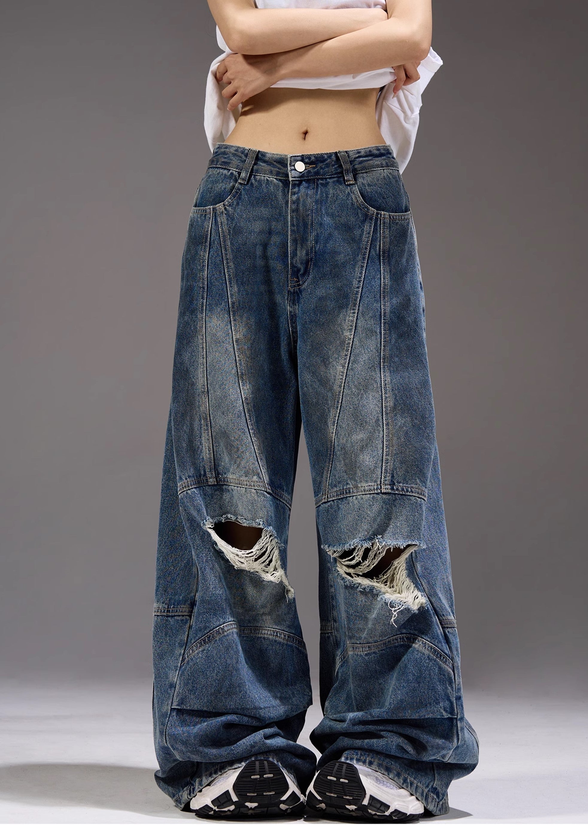 【MAXDSTR】Dull knee damage processing mid-light wide straight denim pants  MD0155-CALLISTARI