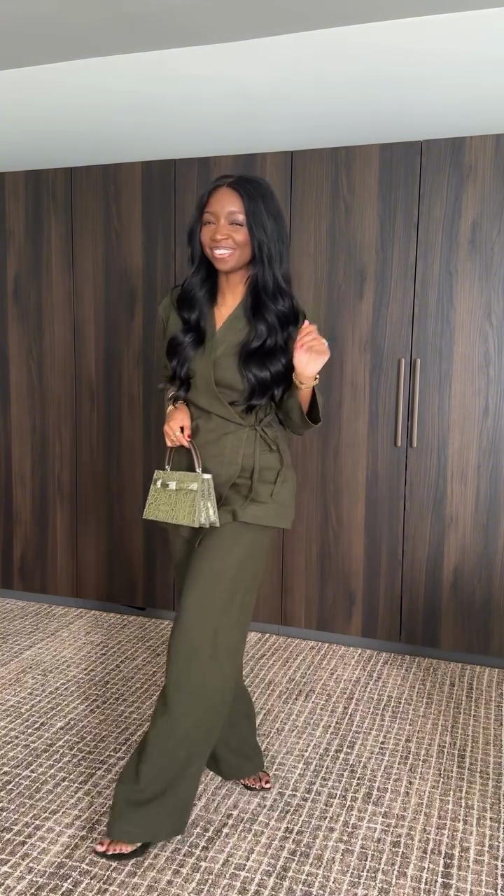 Olive Green Linen Wrap Blazer & Wide - Leg Pants Set-aritzao