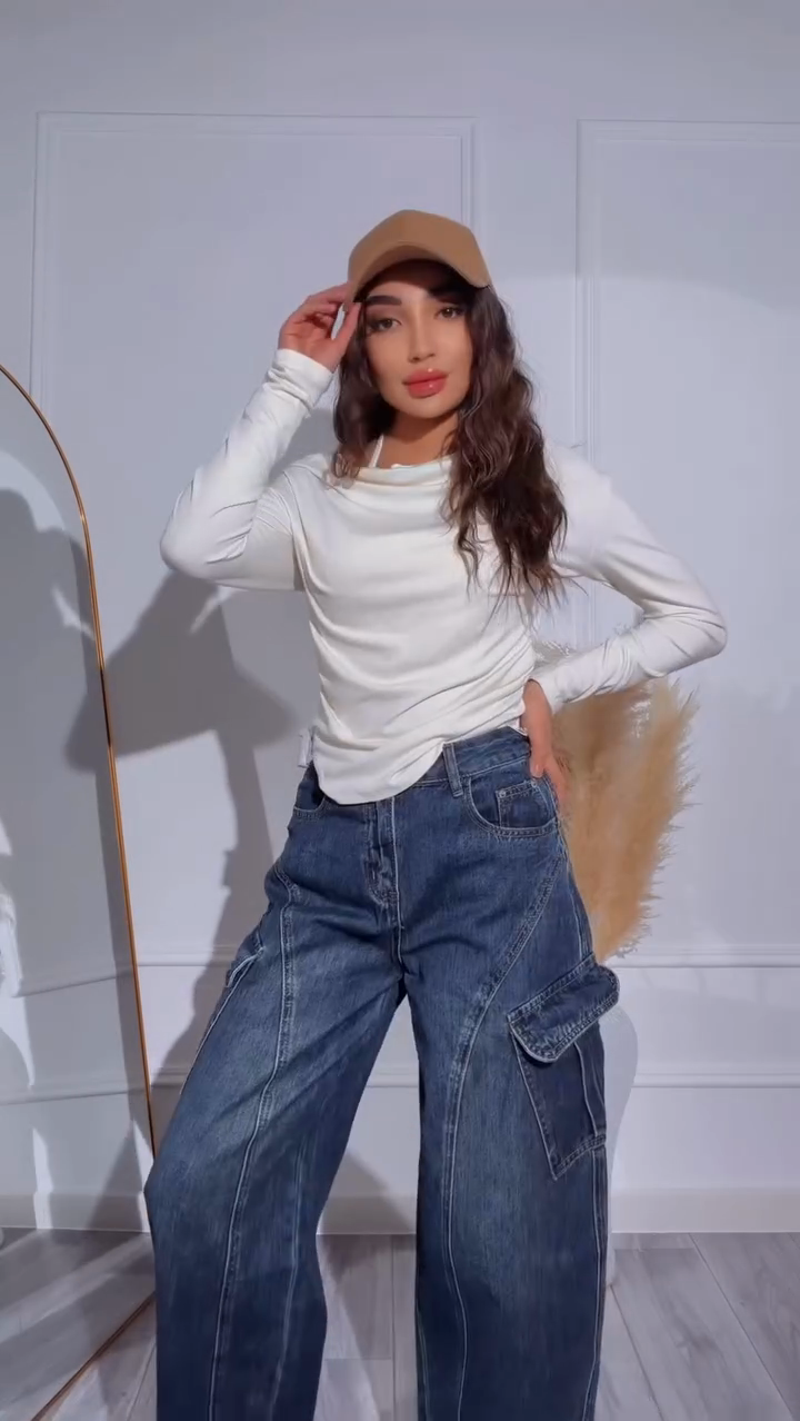 Dark washed wide-leg cargo jeans