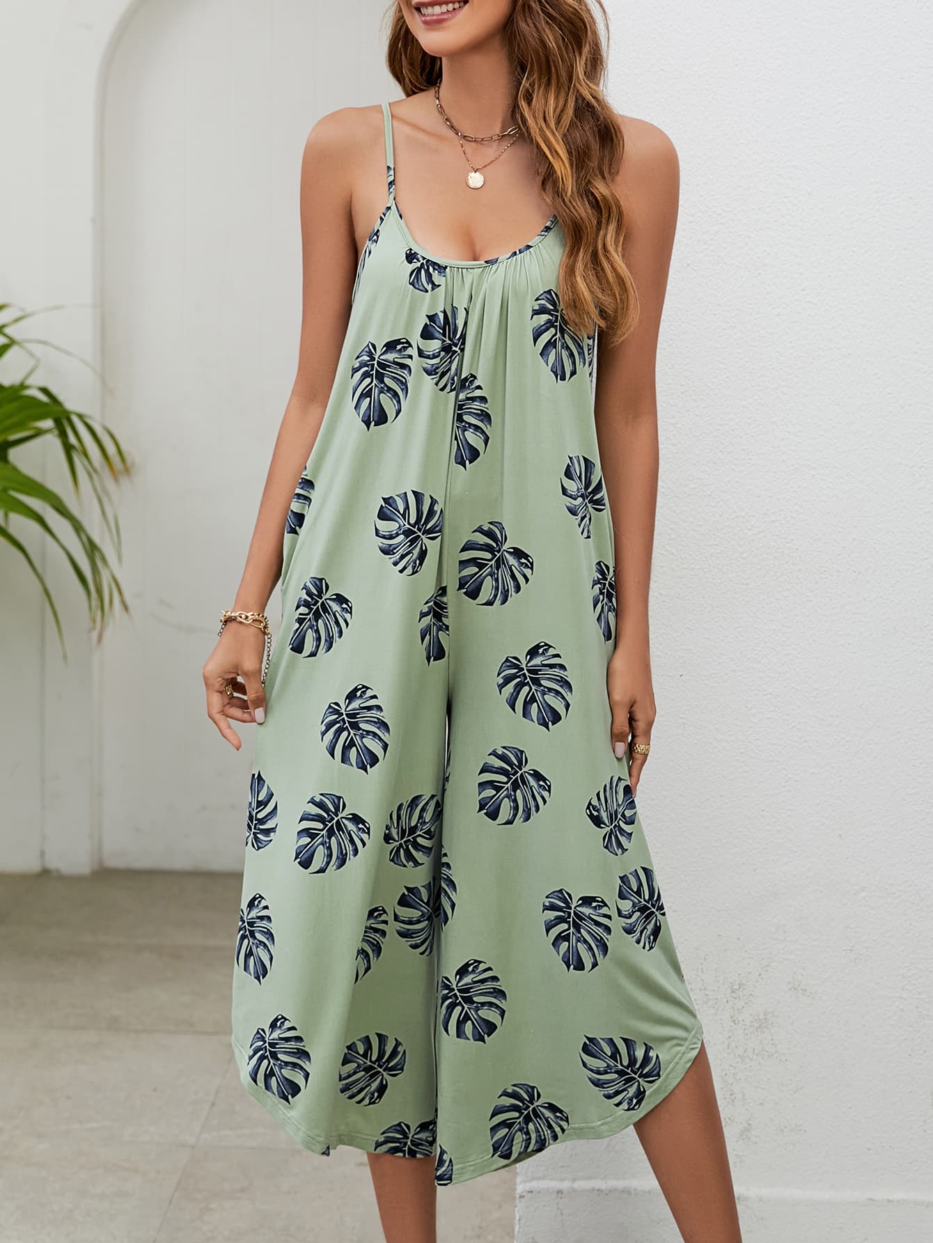 Botanical Print Spaghetti Strap Scoop Neck Jumpsuit-aritzao