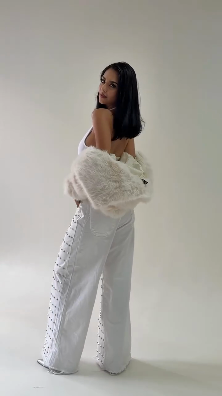 White studded wide-leg jeans