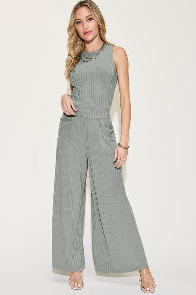 Basic Bae Full Size Ribbed Tank and Wide Leg Pants Set-aritzao