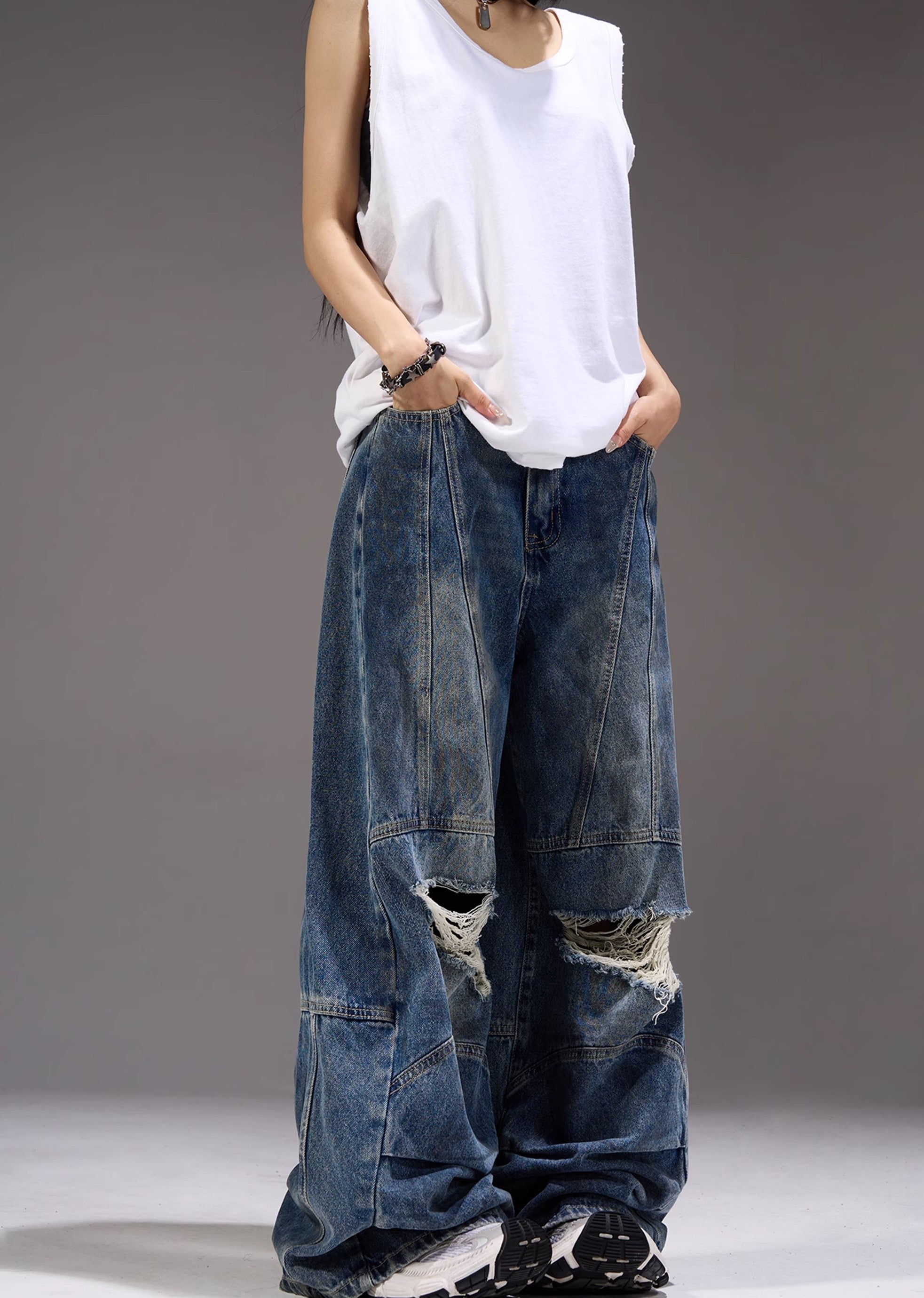 【MAXDSTR】Dull knee damage processing mid-light wide straight denim pants  MD0155-CALLISTARI