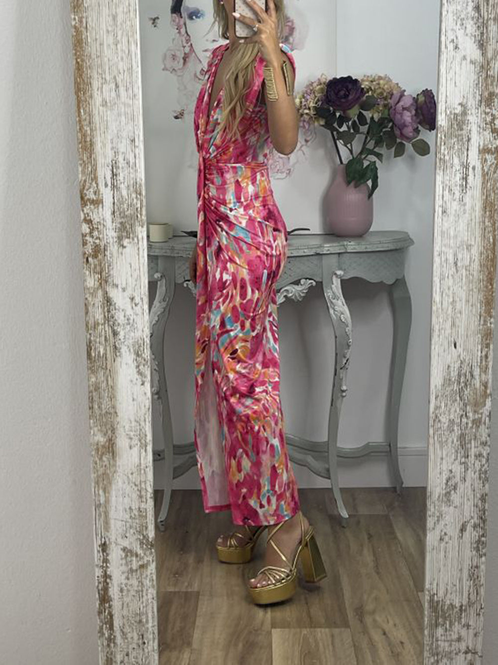 Tie-Dye Deep V Ruched Knotted Maxi Dress-CALLISTARI