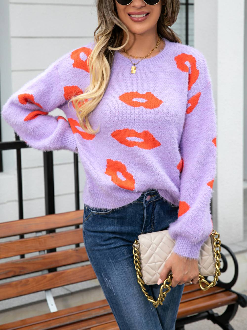 Lips of Love Round Neck Pullover Sweater-CALLISTARI