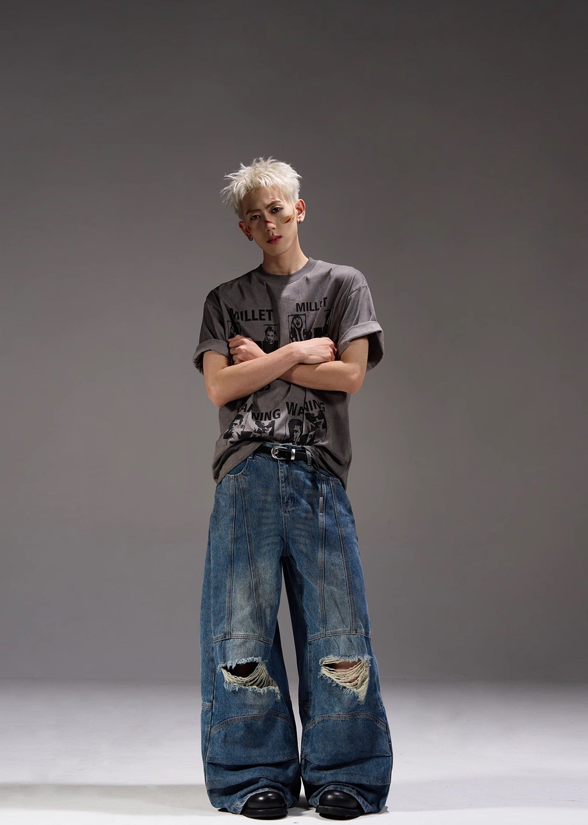 【MAXDSTR】Mid-length distressed dull blue wide denim pants  MD0160-CALLISTARI