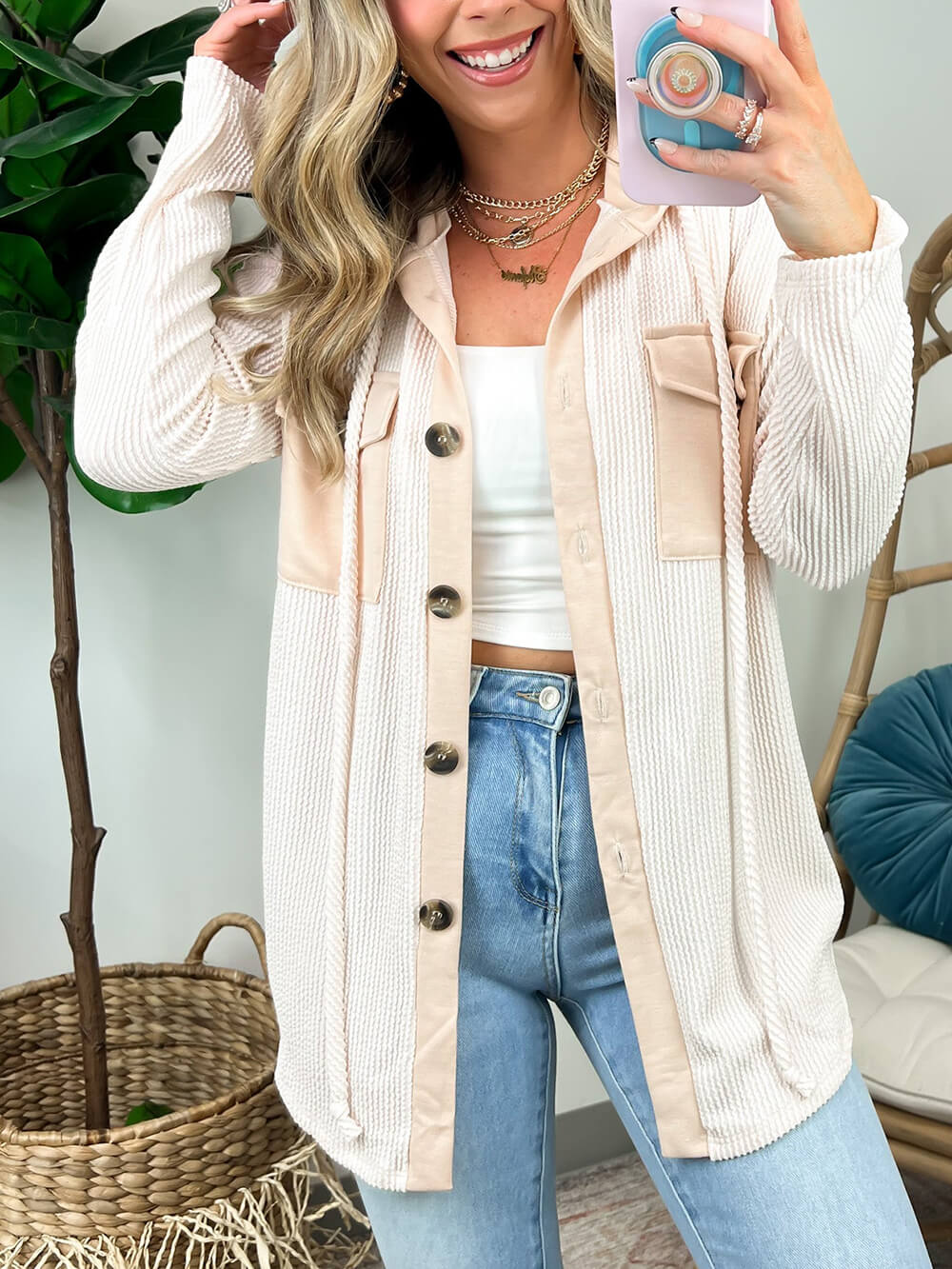 Saturday Satisfaction Ribbed Hooded Shacket-CALLISTARI