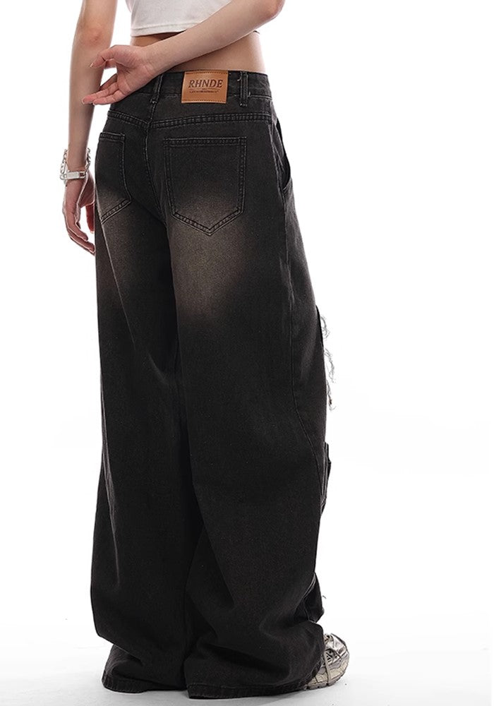 【VINMUK】Line damage full design dull black denim wide pants  VM0001-CALLISTARI