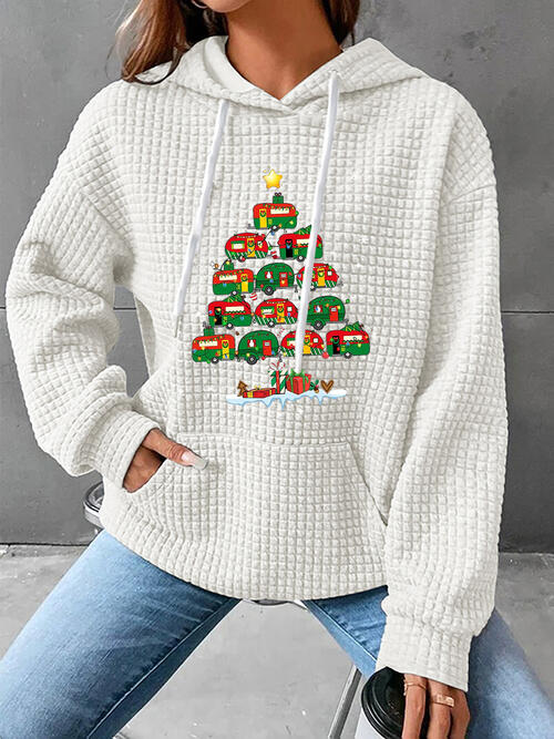 Christmas Tree Knit Drawstring Hoodie with Pocket-CALLISTARI