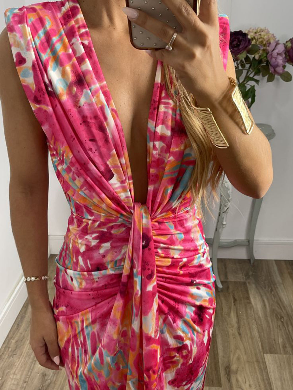 Tie-Dye Deep V Ruched Knotted Maxi Dress-CALLISTARI