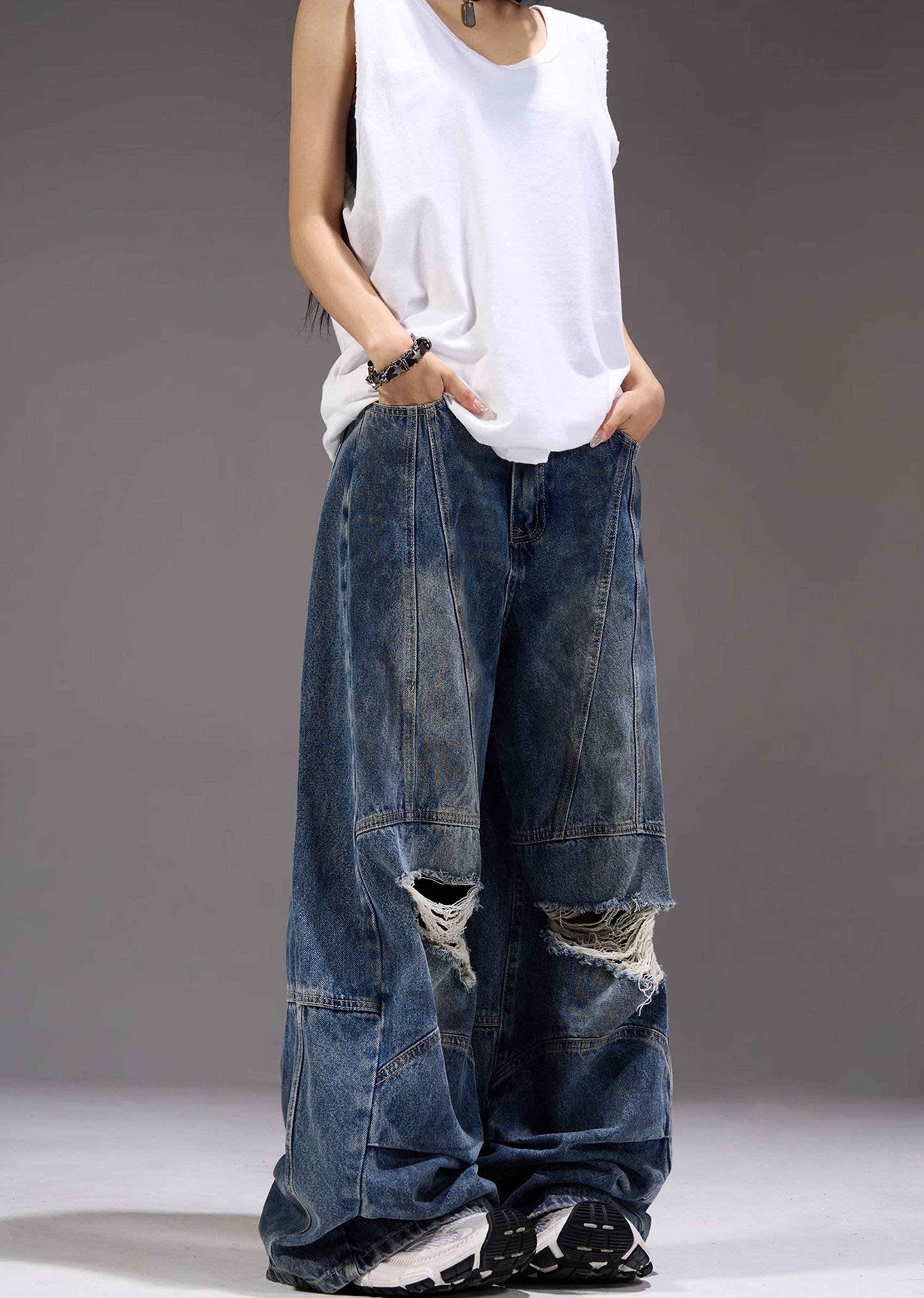 【MAXDSTR】Dull knee damage processing mid-light wide straight denim pants  MD0155-CALLISTARI
