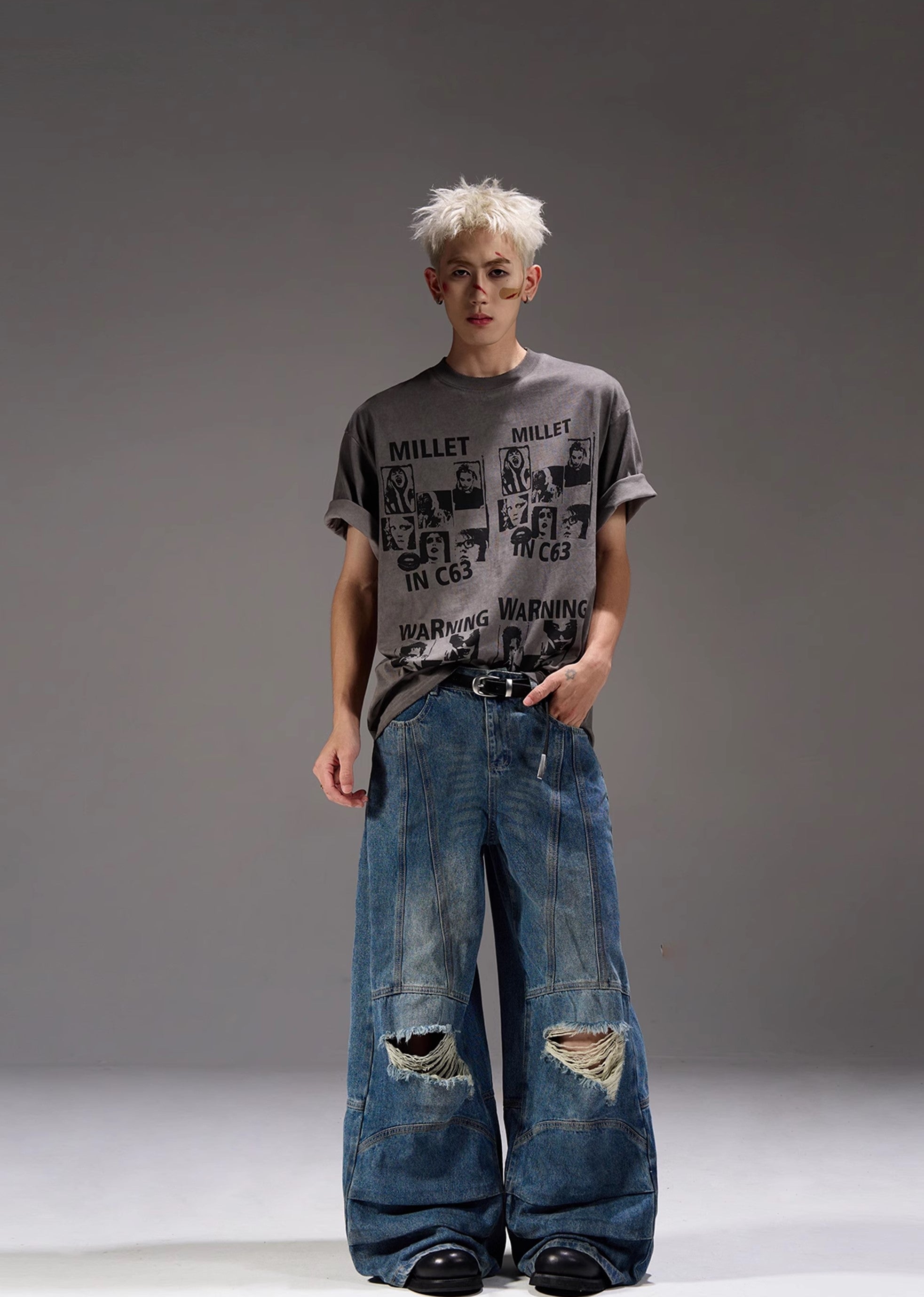 【MAXDSTR】Mid-length distressed dull blue wide denim pants  MD0160-CALLISTARI