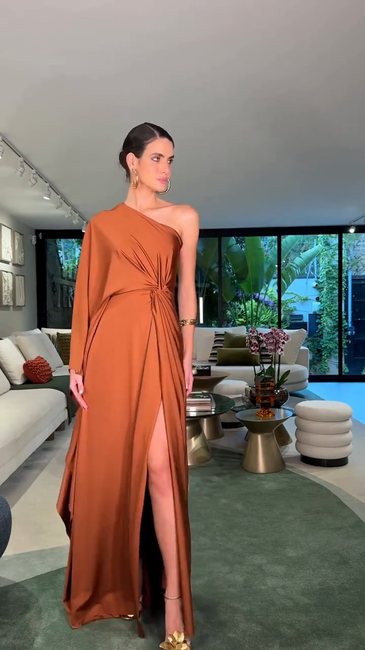 Terracotta-colored one-shoulder pleated maxi dress