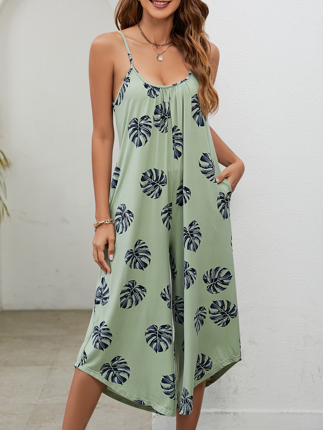 Botanical Print Spaghetti Strap Scoop Neck Jumpsuit-aritzao