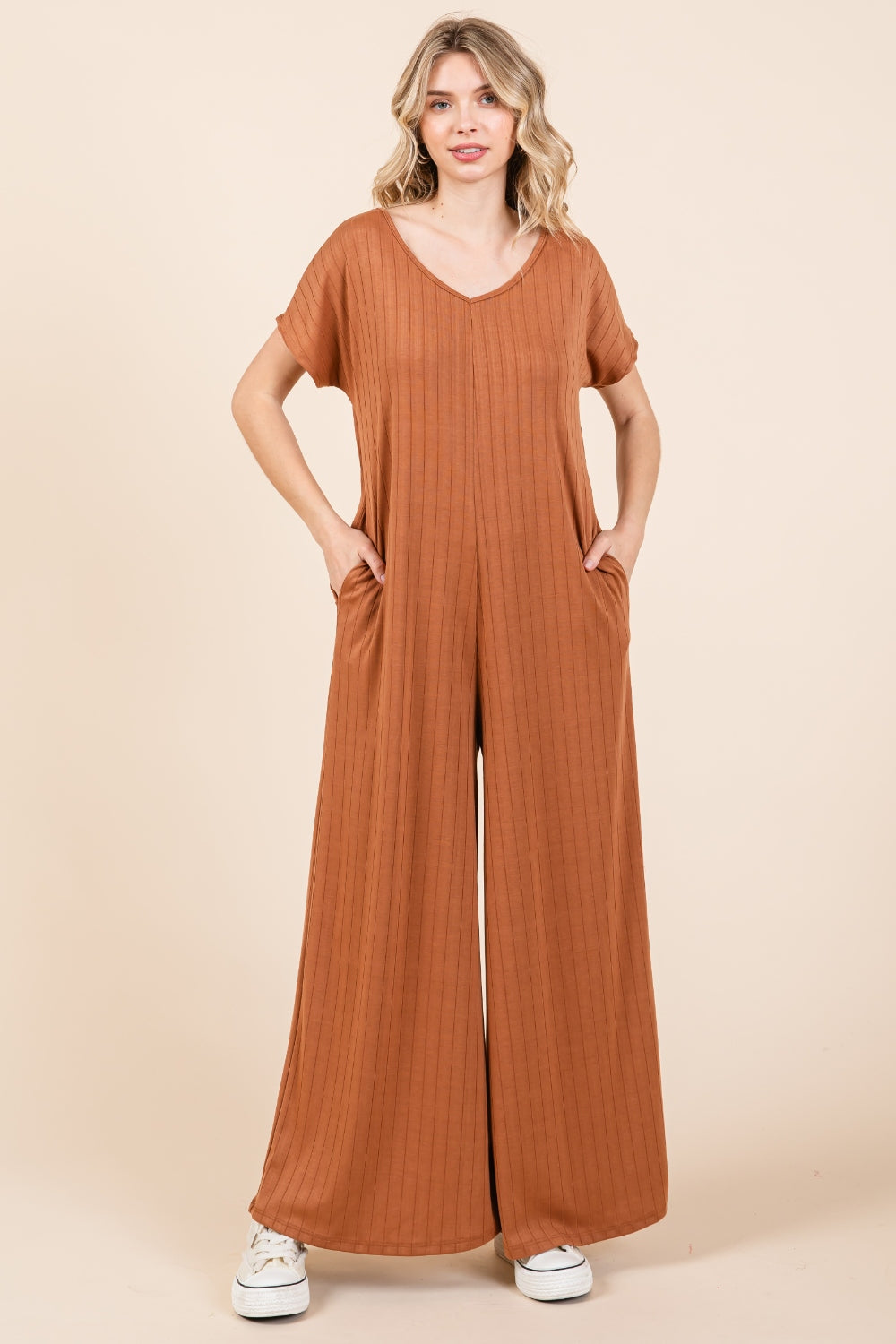 BOMBOM Ribbed Short Sleeve Wide Leg Jumpsuit-aritzao