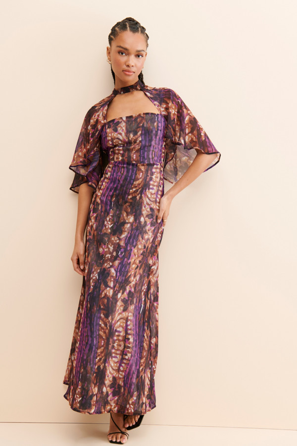 Glam Print Chiffon Cape - Sleeve Maxi Dress
