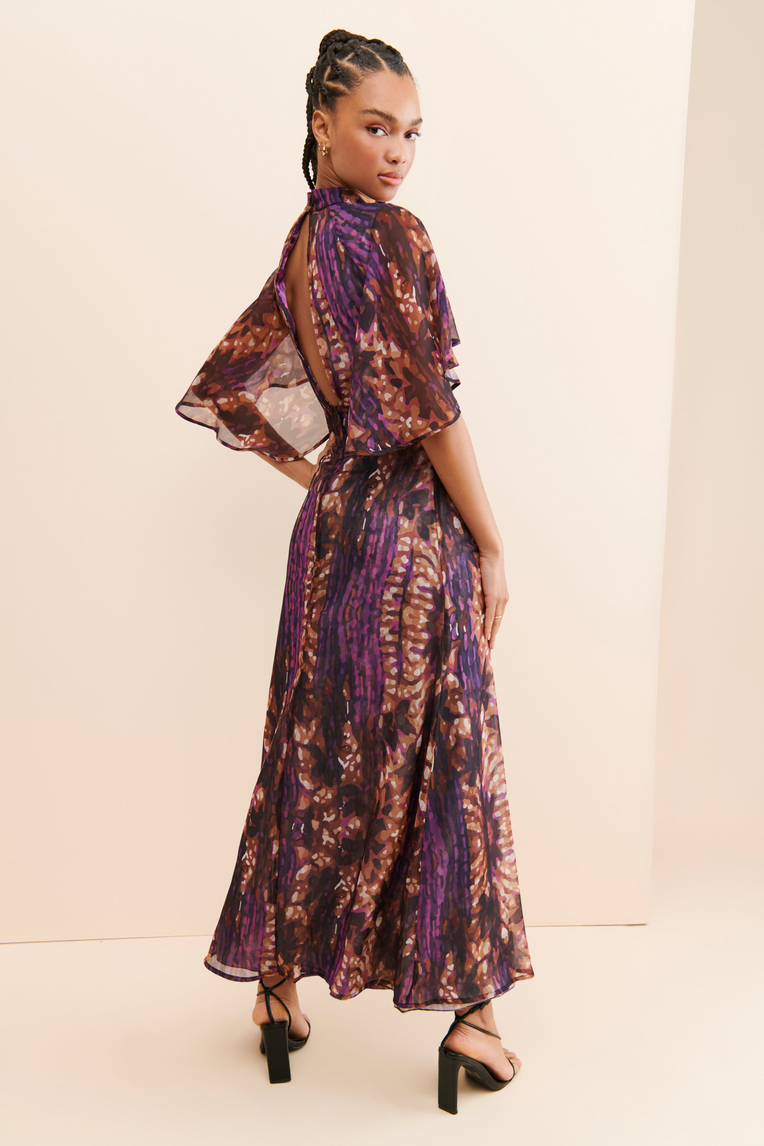 Glam Print Chiffon Cape - Sleeve Maxi Dress