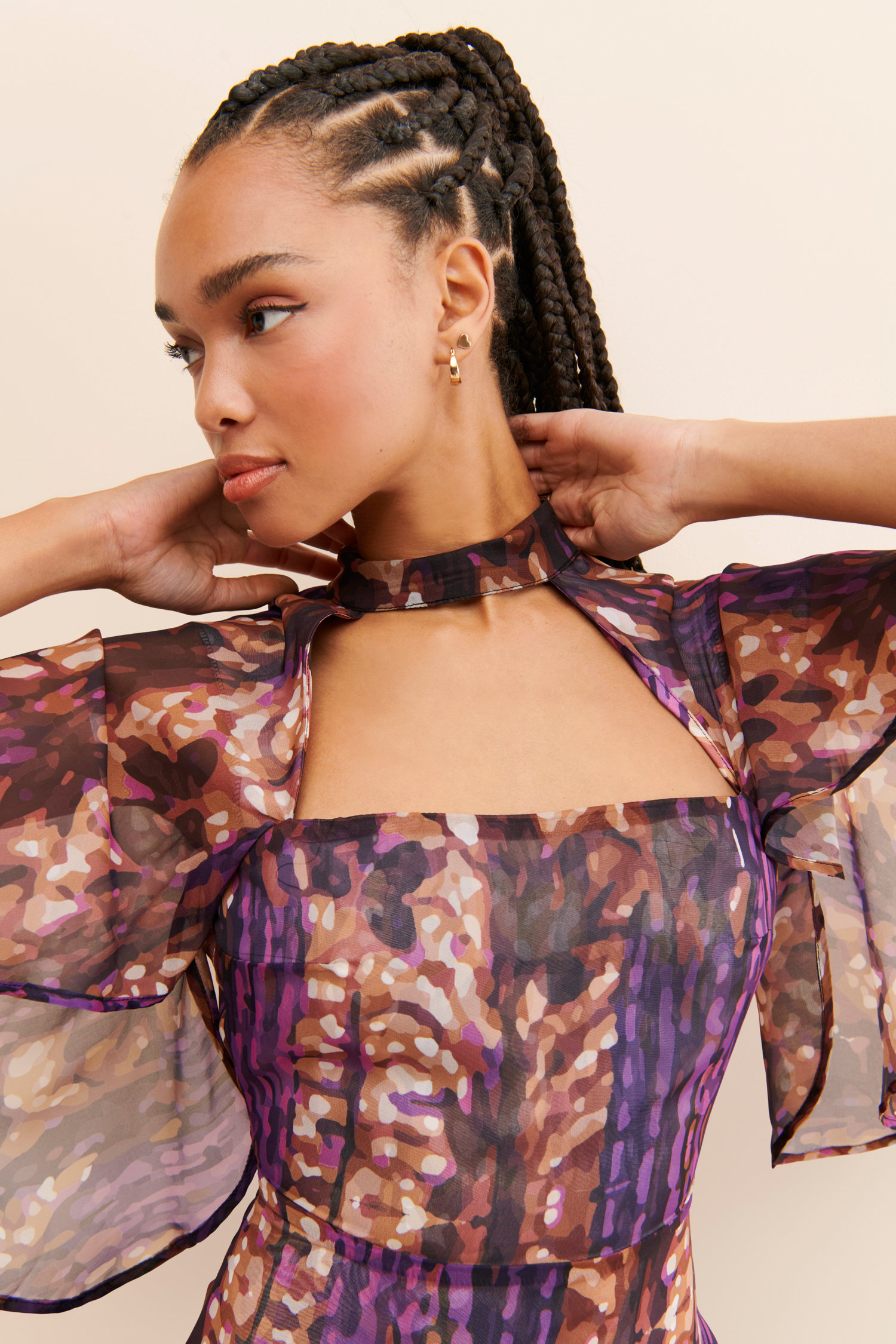 Glam Print Chiffon Cape - Sleeve Maxi Dress