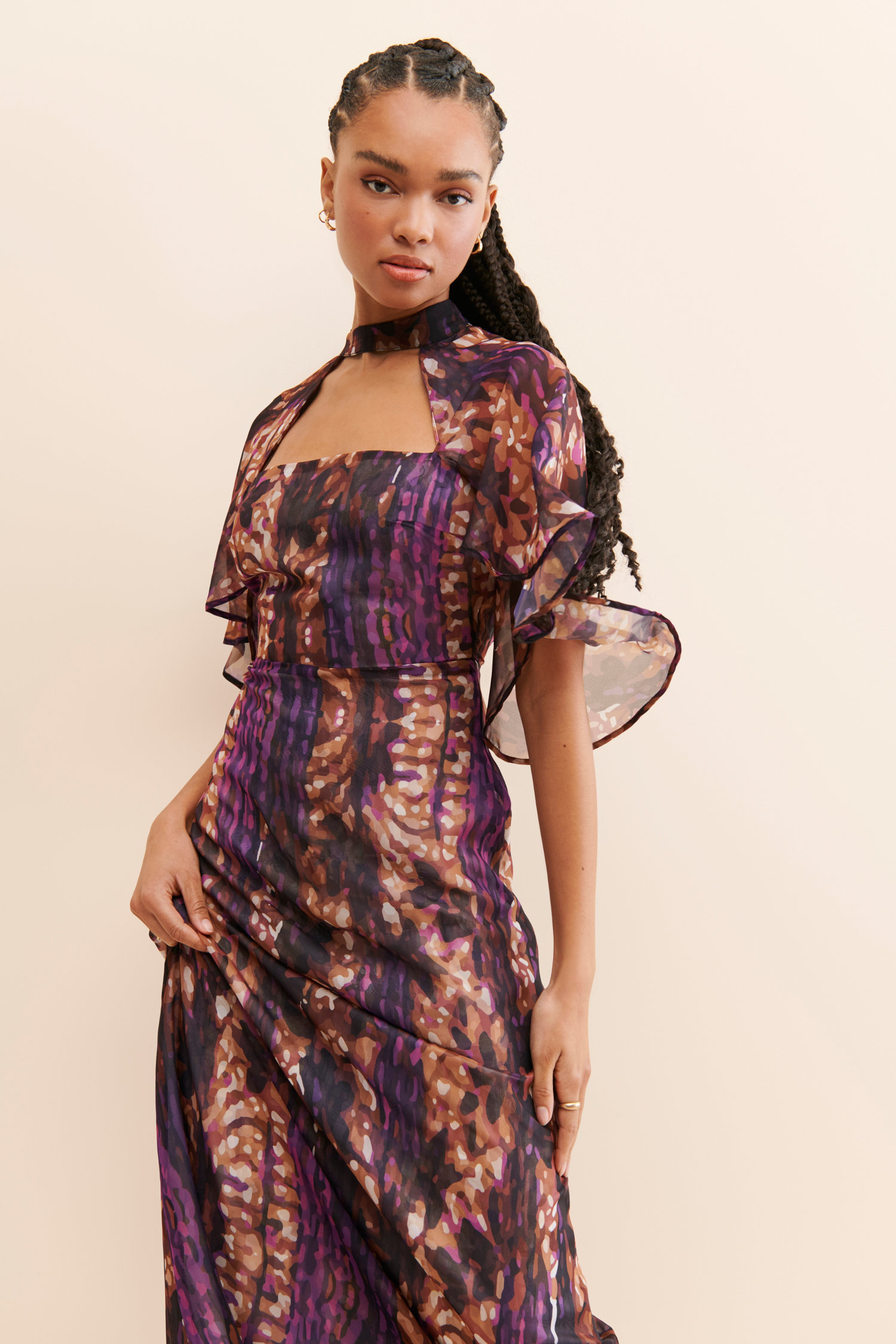 Glam Print Chiffon Cape - Sleeve Maxi Dress