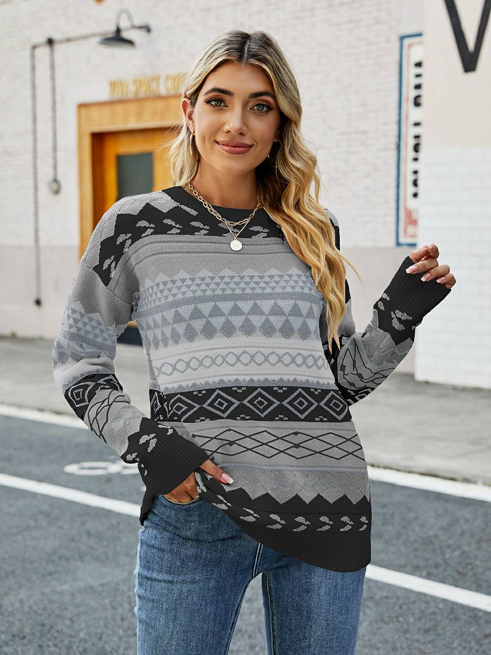 Jacquard Multicolor Patchwork Knit Sweater-CALLISTARI