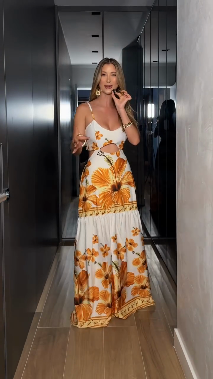 White and orange hibiscus flower cutout long dress
