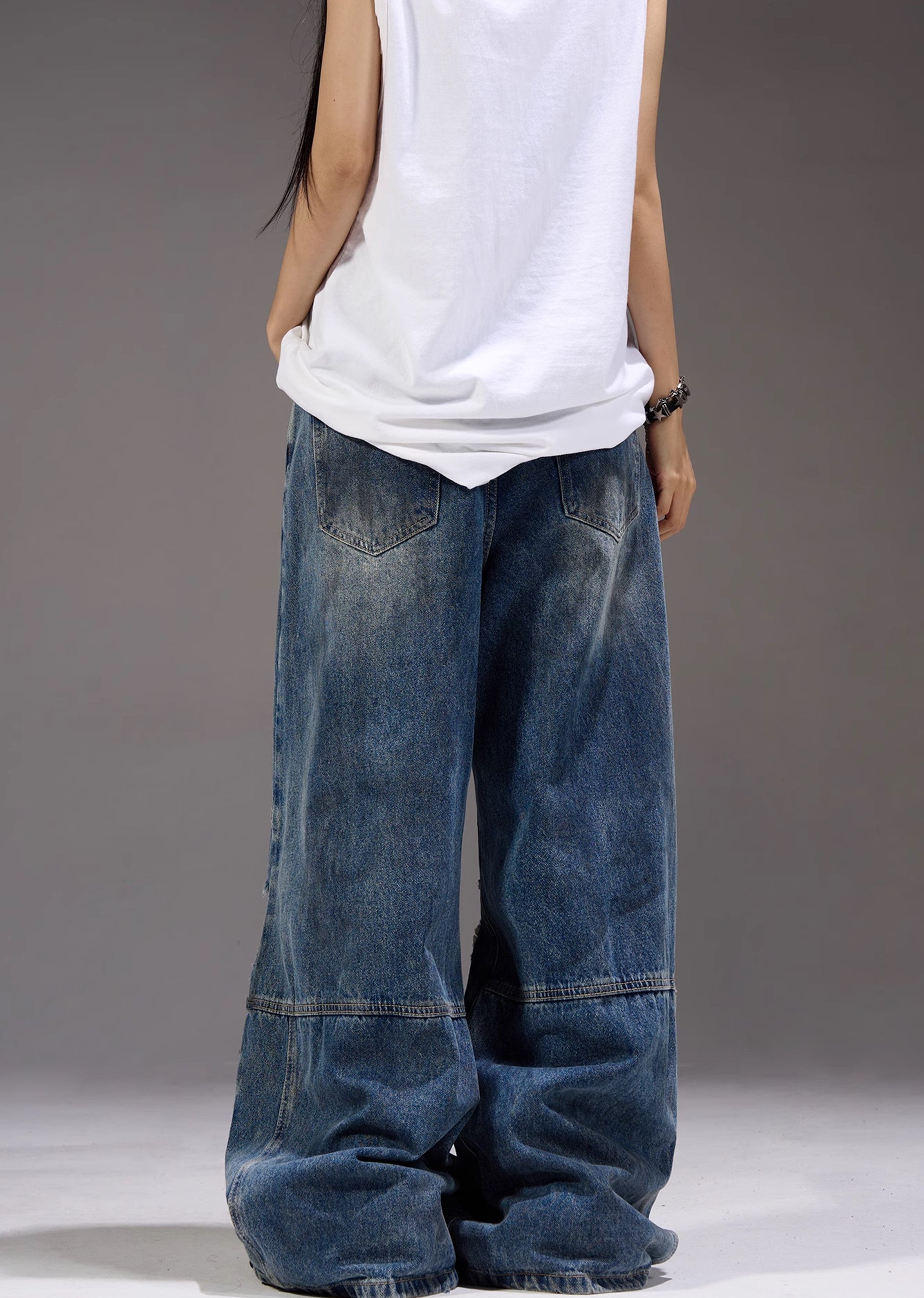 【MAXDSTR】Dull knee damage processing mid-light wide straight denim pants  MD0155-CALLISTARI