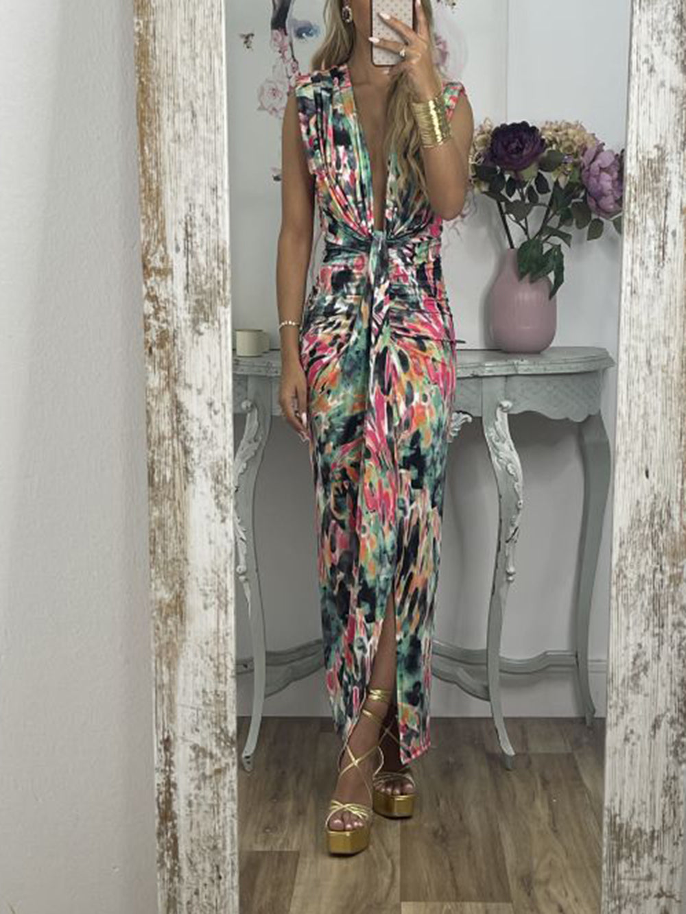 Tie-Dye Deep V Ruched Knotted Maxi Dress-CALLISTARI