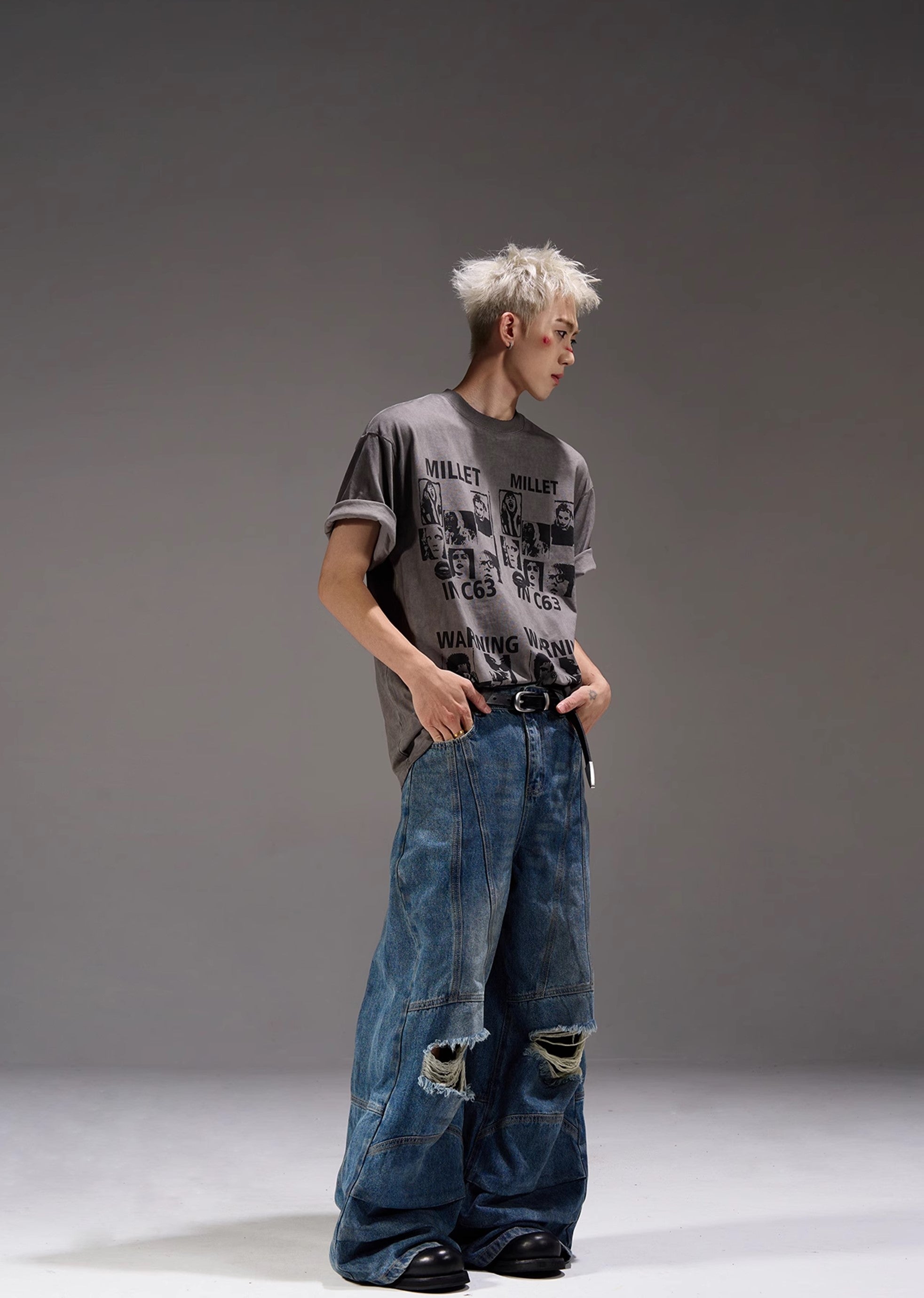 【MAXDSTR】Mid-length distressed dull blue wide denim pants  MD0160-CALLISTARI