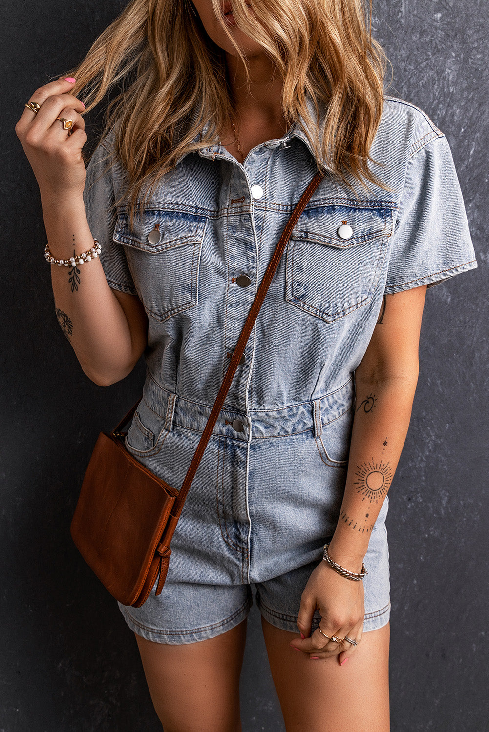 Collared Neck Short Sleeve Denim Romper-aritzao
