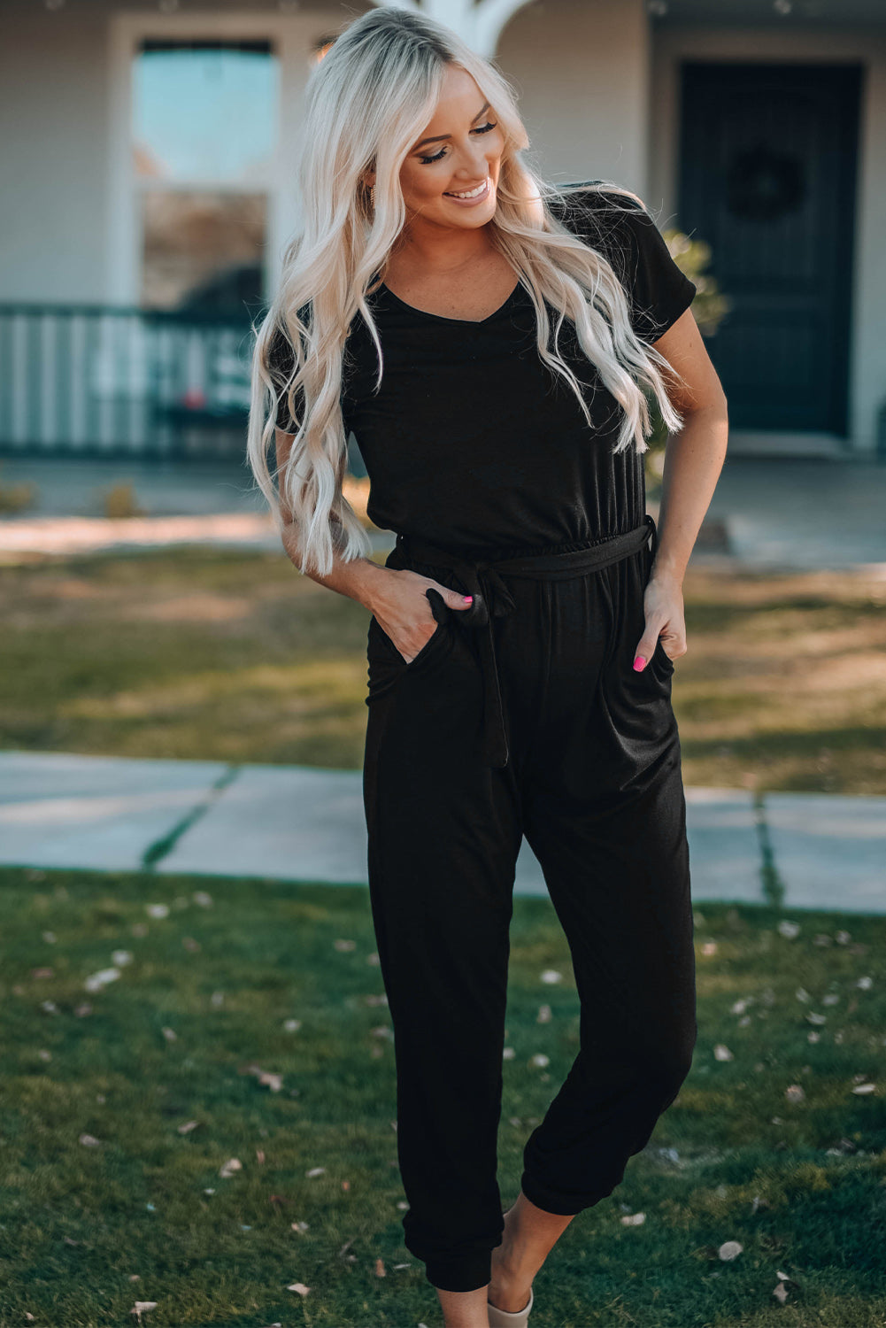 Belted V-Neck Jogger Jumpsuit-aritzao