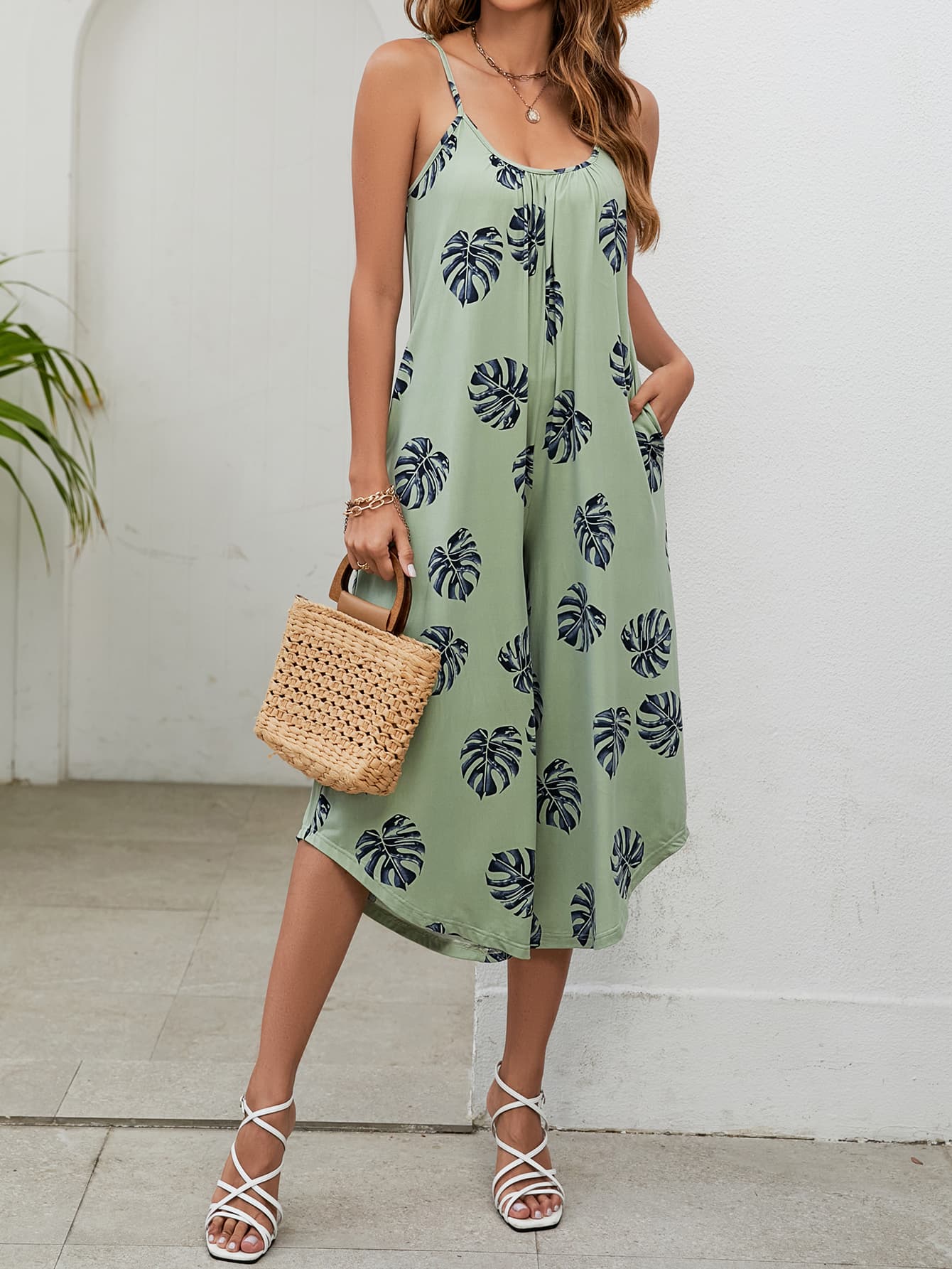 Botanical Print Spaghetti Strap Scoop Neck Jumpsuit-aritzao