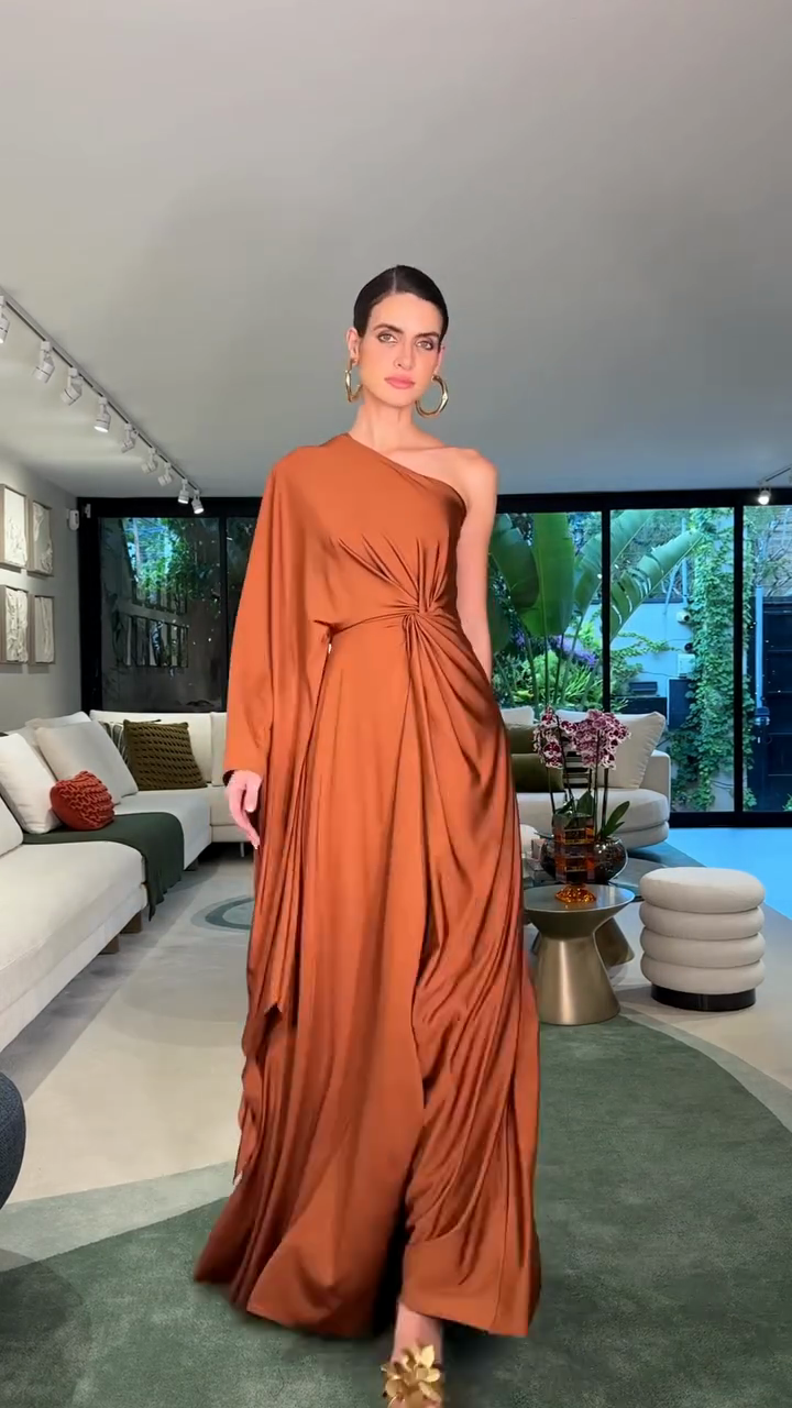 Terracotta-colored one-shoulder pleated maxi dress