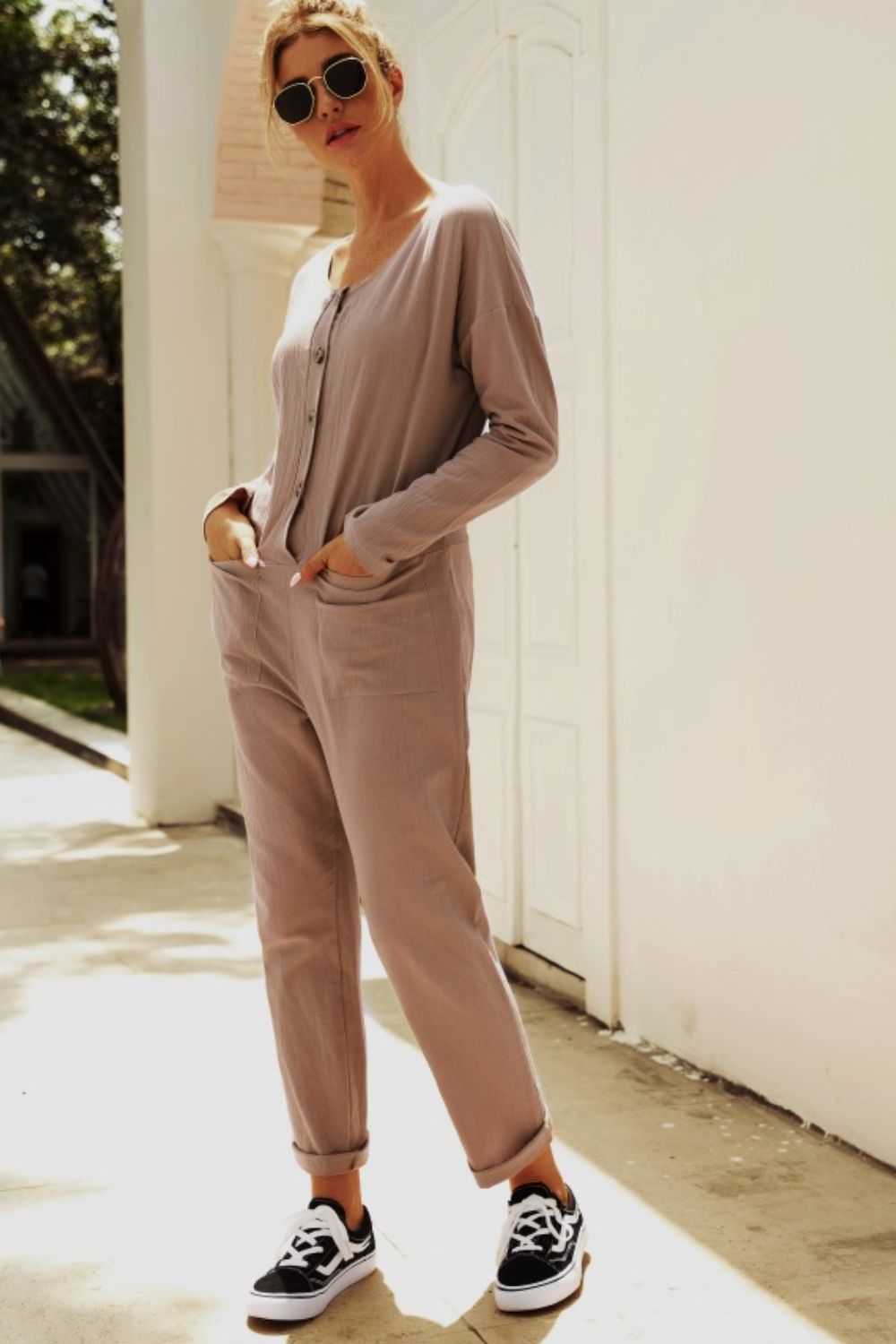 Buttoned Drop Shoulder Pocket Jumpsuit-aritzao