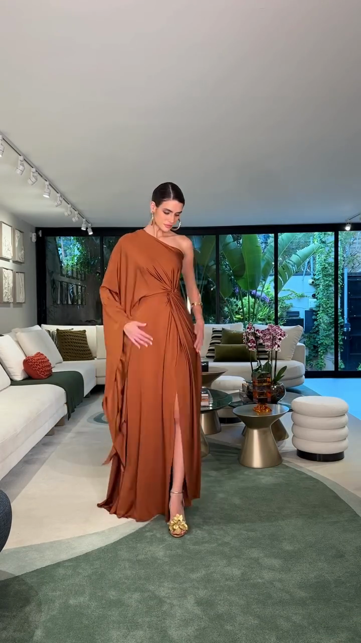 Terracotta-colored one-shoulder pleated maxi dress