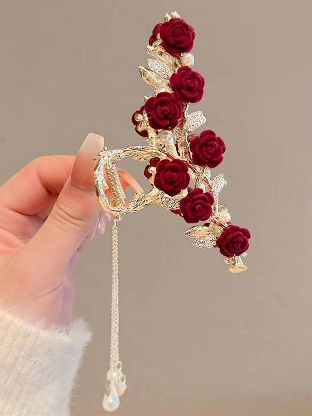 Red Rose Hair Clip with Tassel Shark Clip-CALLISTARI